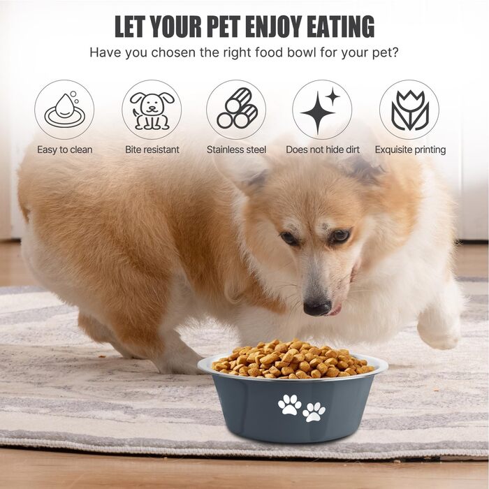 Набір мисок для собак та котів з нержавіючої сталі (2 шт, 1560 мл) з антиковзною основою, для великих, середніх та маленьких порід - сірий колір