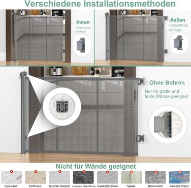 Захист для сходів з замком, висувний захист для дітей та собак, 150 см ширина, 83 см висота, автоматичне блокування (140см, сірий)