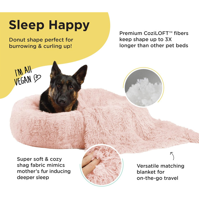 Ліжко для котів і собак Best Friends by Sheri Original Calming Shag Donut з покривалом, бавовна, рожеве, розмір L, 91,4x91,4 см