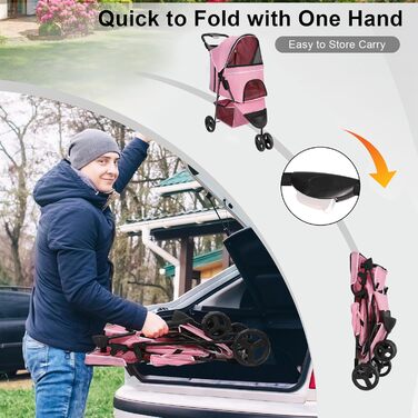 Дитяча візок для тварин, складний, для котів/собак, з кошиком для зберігання та тримачем для напоїв, 3 колеса, для собак та котів, для маленьких або середніх собак, котів, цуценят (Рожевий)