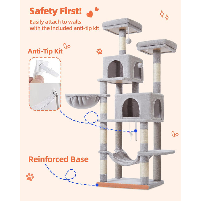 Дерево для котів Taoqimiao 170 см, велике, з будиночками, гамаком, корзиною, 8 стовпчиками для шліфування, 2 платформами, сірий MS013W