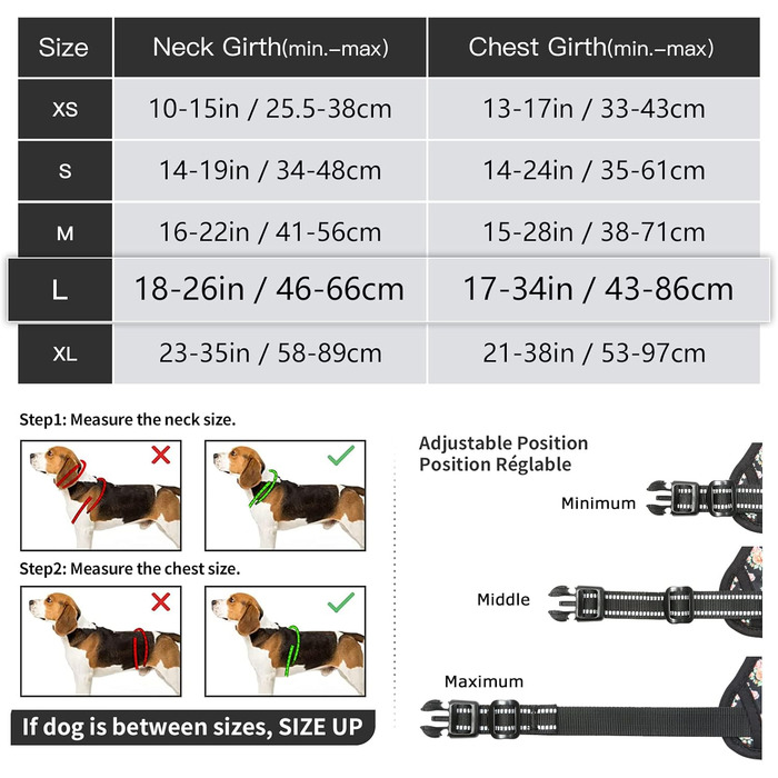 Шлейка для собак HEELE No-Pull, чорно-квітковий дизайн, L, м'яка, дихаюча, регульована, світловідбиваюча, з м'яким ручним захопленням