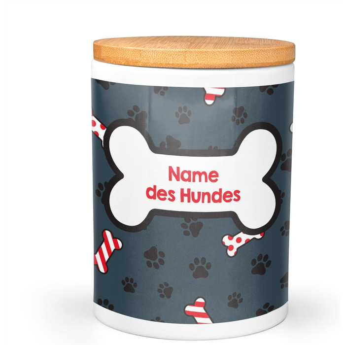 Набір для годування собак PICANOVA з іменем: миска та контейнер для ласощів у різдвяному дизайні. Керамічний набір для собак як подарунок для власників домашніх тварин. Дизайн Candy Bones.