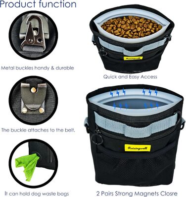 Сумка для ласощів для собак, багатофункціональна сумка для прогулянок з силіконовим кишеньком, мішок для корму для дресирування собак та дозатор ласощів, ідеальна для активного відпочинку на природі (Чорний, 4 відділення)