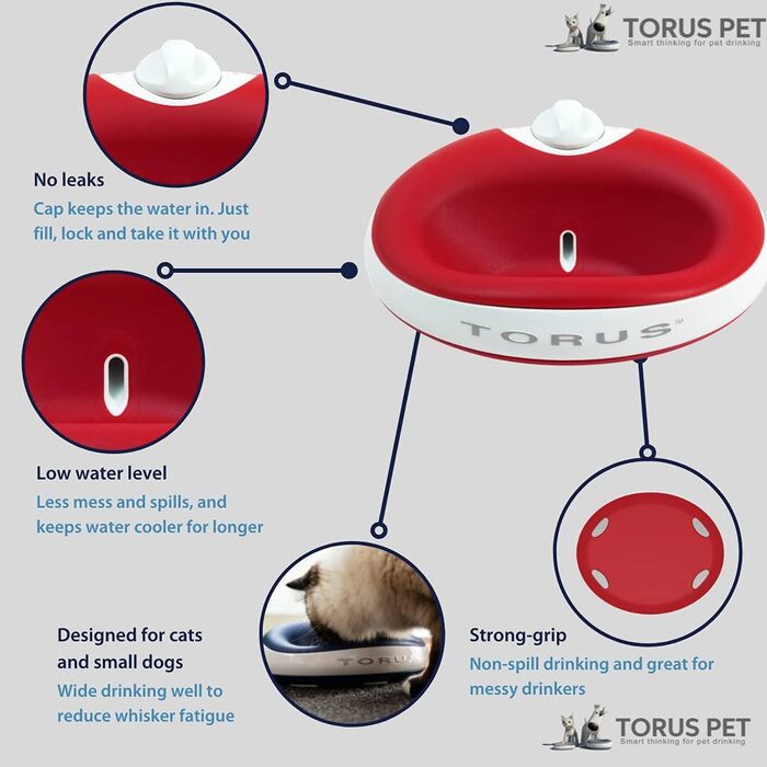 Автоматична поїлка Torus Pet Mini 1 л, червона, з фільтрацією, для котів та малих собак, портативна, антимікробна, BPA Free