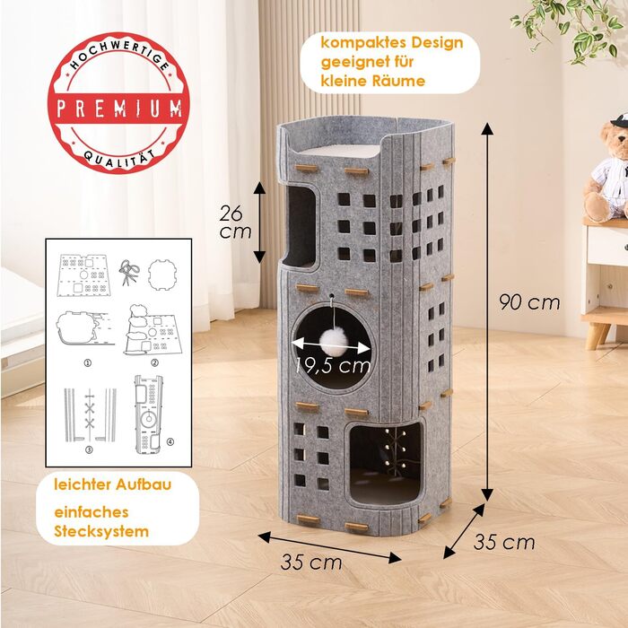 Сучасний котячий комплекс з 4 ярусами та 3 будиночками для котів, сірий. Міцний, з фетру, з іграшкою, 90 см.