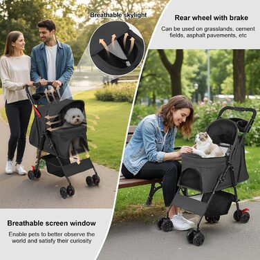 Складаний візок для тварин та дітей з колесами на 360°, кошиком для зберігання, міцним металевим каркасом та дихаючими сітковими віконцями – портативний переносник для котів та собак до 22 кг, чорний