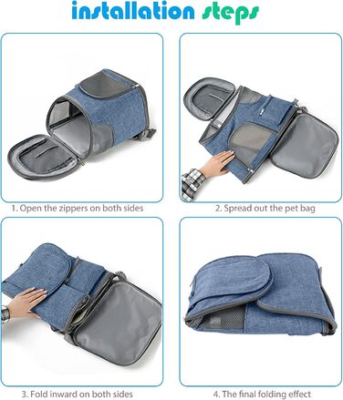 PETCUTE Рюкзак для собак, дихаючий, з м'яким матрацом, складний, з безпечною шлейкою, для подорожей, велосипеда, літака (Темно-синій 1)