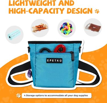 Сумка для ласощів для собак великого об'єму, багатофункціональна, для прогулянок на плечі, з міцним магнітним закриттям, регульований знімний ремінь, сумка для корму для собак (Блакитна)