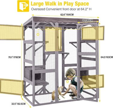 Дім для котів з дерева для вулиці та дому, велике котяче огородження на колесах, Catio-кафес з посиленими дерев'яними смугами, водонепроникним дахом (Тип D, Тип B-середній)