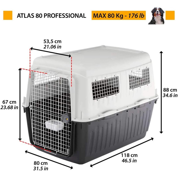 Переноска для собак Ferplast Atlas 60, сіра, 61 x 91 x 68 см, для середніх собак