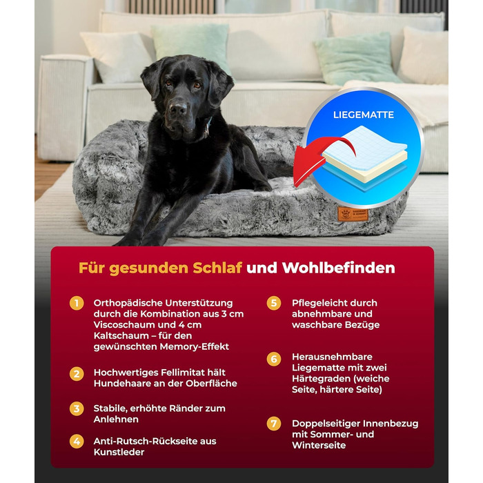 Ортопедичне ліжко для собак HS-Hundebett® Deluxe Exklusiv S (60x75 см) з Memory Foam, антиковзаючою основою та можливістю прання. Виготовлено в Німеччині