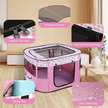 Клітка-забіг для цуценят та собак, портативна, 70x55x40 см, рожева
