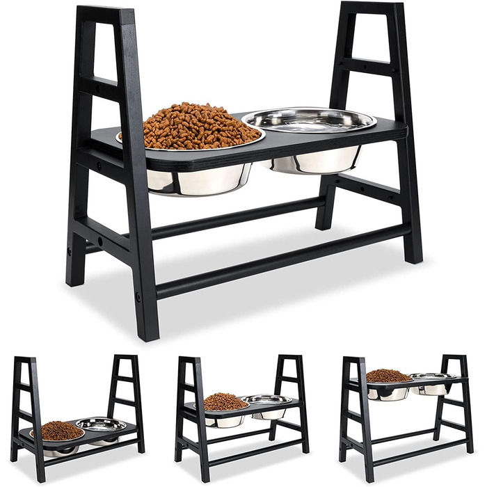 Підставка для годівлі собак з регулюванням висоти, дерев'яна, з двома мисками з нержавіючої сталі, нахил 15°, регулювання по висоті в 3 положеннях