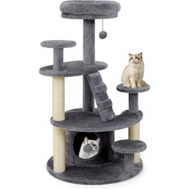Дерев'яний кігтетопор для котів Costway з будиночком, м'ячем, драбиною та платформами (сірий)