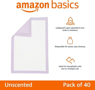 Одноразові пелюшки для котів Amazon Basics 40 шт. з швидковисихаючою поверхнею, фіолетові, без запаху