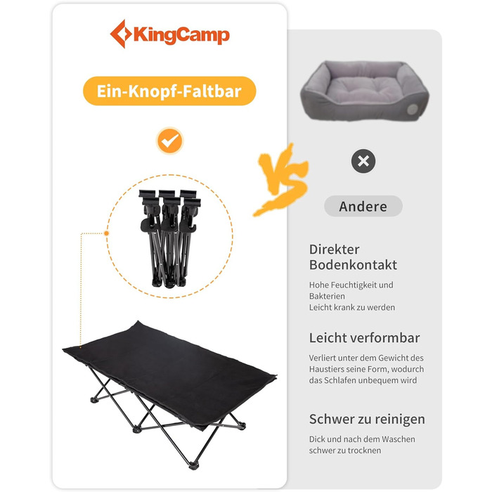 Ліжко для собак KingCamp підвищене, вуличне, чорне 57x57x23 см (L 121x68x30 см) - дихаючий сітчастий матеріал, антиковзні ніжки