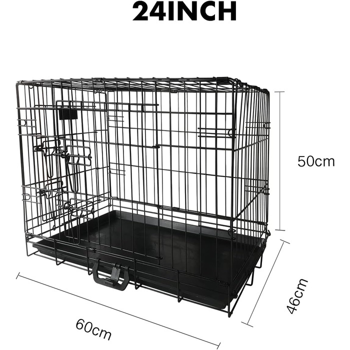 Складаний металевий клітка для собак 60×43×48 см з 2 дверима, транспортний бокс у авто, з піддоном, гратчастий ящик для тварин, малий (24 дюйми)