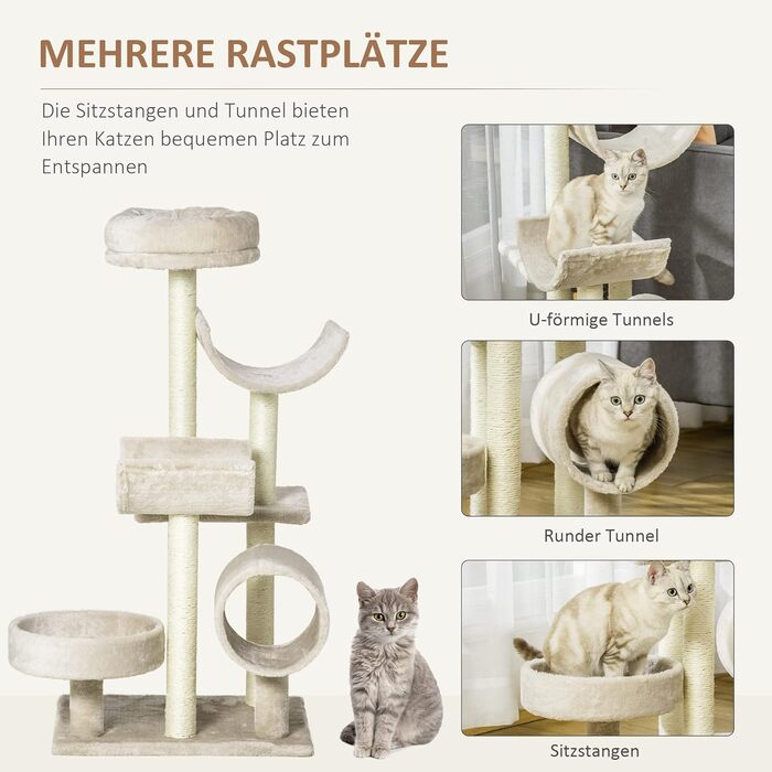 Дряпка-дерево для котів PawHut з тунелем, іграшками, бежевий, 50x40x105 см