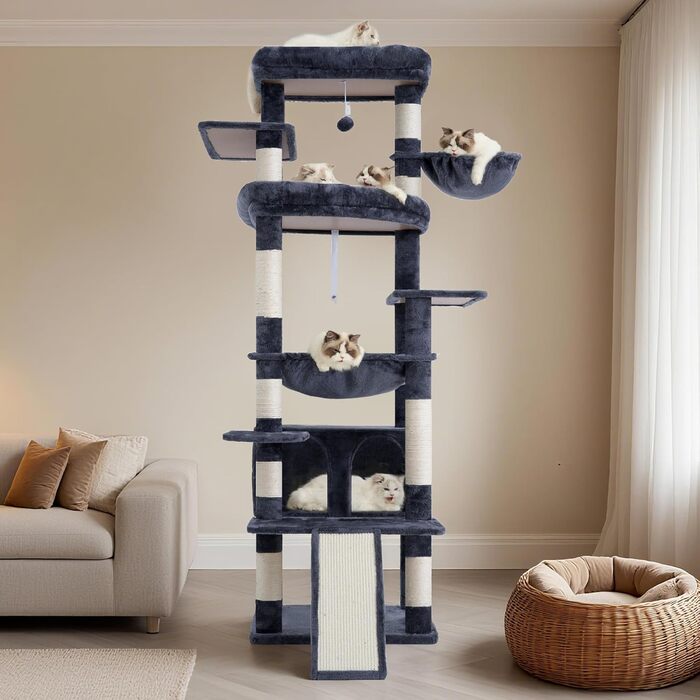 Драбина-будинок для котів Heybly HCT038W (Сірий) - 202 см з 2 платформами, будиночком, гамаком та сизалевим стовпом
