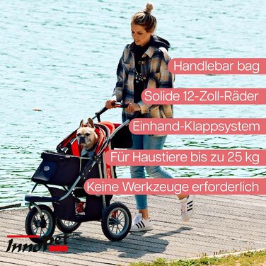 Візок для собак Innopet Comfort EFA Eco чорний/червоний – розкладний візок для собак та котів, підходить для лісу та пляжу, з великими колесами 30см, вантажопідйомність 25кг, з повідками