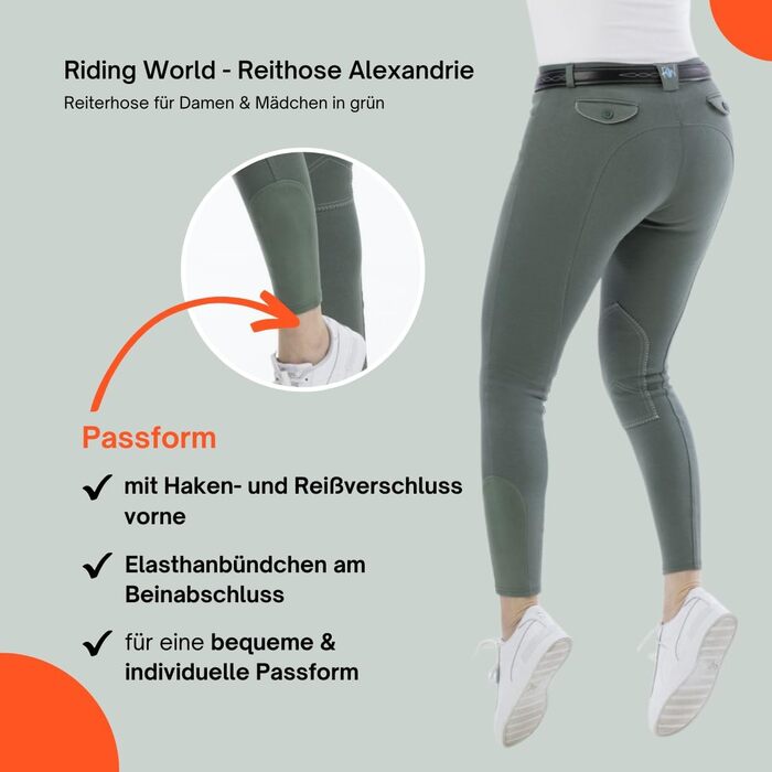Лосини для верхової їзди Riding World Alexandrie для жінок та дітей | Лосини з накладками на колінах, кишені, 6 кольорів, розміри 104-176 та 32-44, колір: зелений