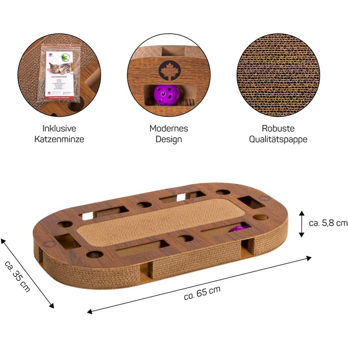 Інтерактивний ігровий майданчик для котів CanadianCat PlayPlate 65x35x5,8 см з інтегрованим картонним кігтеточкою, дерев'яний дизайн