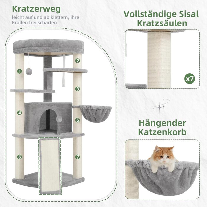 Комплекс для котів Gitelsnour Eck-Kratzbaum: Дряпка-кігтеточка для котів з сизалю, будиночок, полиці, кошик, 112 см, світло-сірий