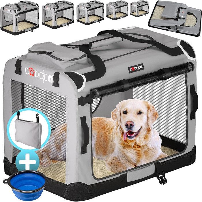 Складана транспортна коробка для собак CADOCA M 60x42x44 см, міцна, дихаюча, сіра, переноска для домашніх тварин