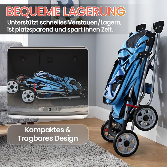 Візок для собак та котів, складний, блакитний, до 15 кг, з кошиком та килимком