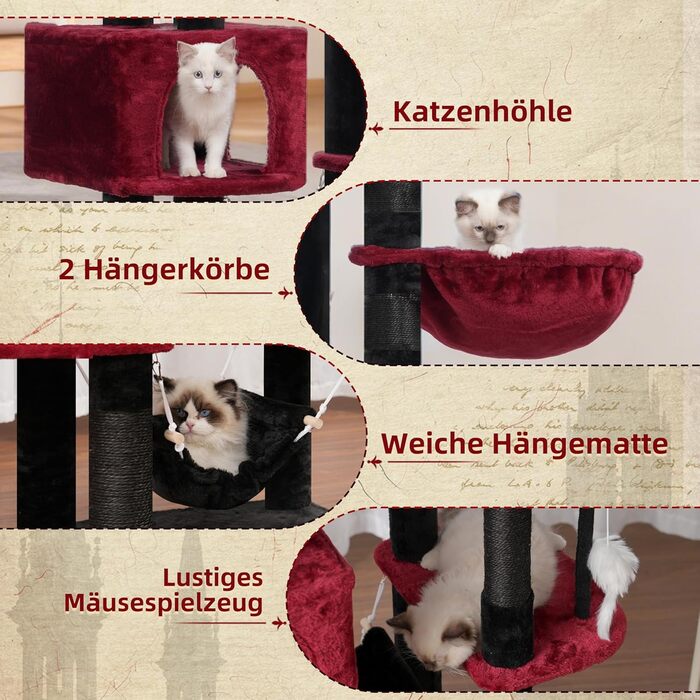 Великий котячий будиночок Kratzbaum: стабільний, 200 см, з платформами, гамаком, сизалевими стовпчиками (чорний та червоний)