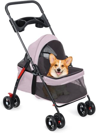 Дитяча коляска для домашніх тварин: маленькі собаки та коти, складана переноска з поворотними колесами 360°, подвійна засувка, регульований капюшон 180°, зручна сітка (рожева)