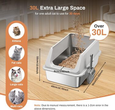 Великий напівзакритий туалет для котів XXL з кришкою Edelstаhl, 60x40x32 см, 30 л, із совком та 4-шаровим килимком, протікозахищений, для котів, кошенят і кроликів, сірий