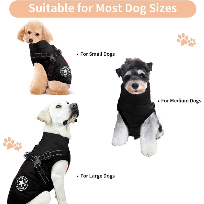 Теплий та водонепроникний зимовий одяг для собак, куртка з повдзем, чорний колір, розмір S