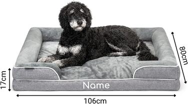 Ортопедичне ліжко для собак Lionto з піднятим бортиком, 89x63x17 см, міцне лежання з м'якого фланелі, знімний та пральний чохол, неслизьке, для маленьких та великих собак та котів, сіре (з нанесенням імені)