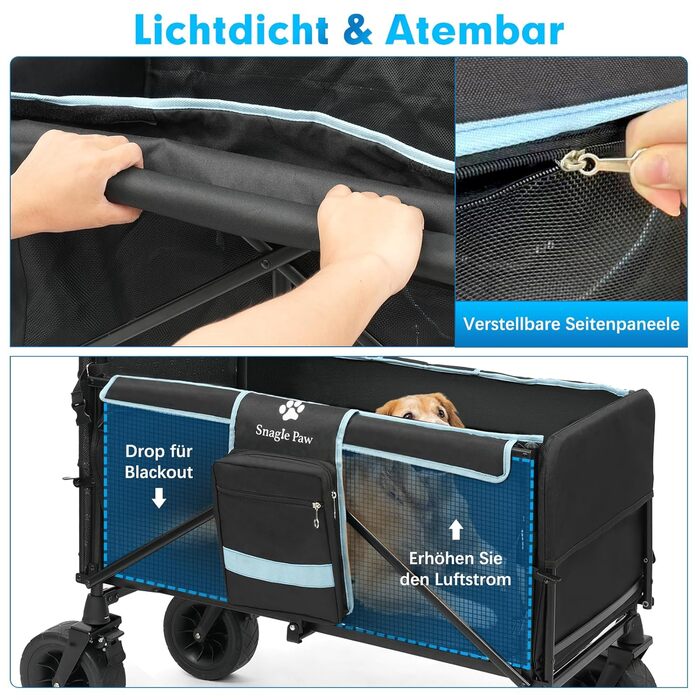 Візок для собак Snagle Paw з дверцятами та рампою, великий, розкладний, для собак середніх та великих порід, регульована ручка та гальма, 4 колеса для прогулянок, бігу, подорожей, до 90 кг (Чорний/Синій)