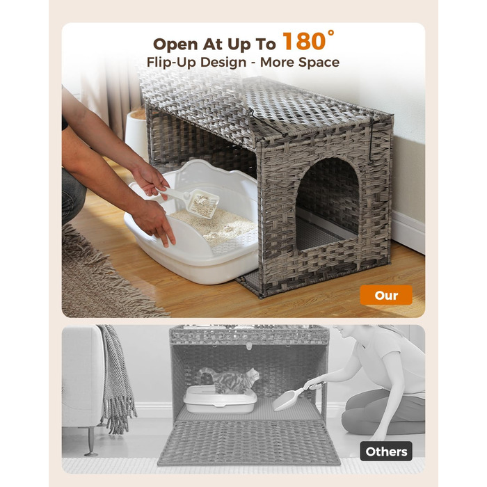 MUTTROS туалет для котів з ротанга, прихований туалет для котів, меблі з ручної плетіння, з високою дверцятами та піднятим бортиком, котячий будиночок-шафка для великих котів, для дому, вітальні, сірий