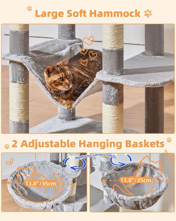 Котячий комплекс Taoqimiao MS044W, 190 см, сірий: багатоярусна котяча вежа з 2 будиночками, гамаком, 8 стовпчиками для дряпання та 2 підвісними кошиками