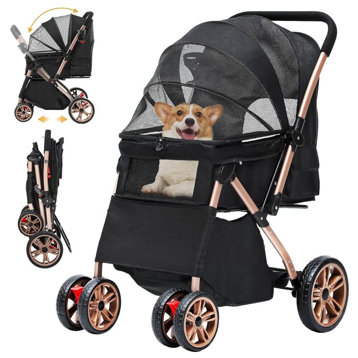 Візок для собак DWVO 3-в-1: візок, переноска, сумка. До 22 кг, EVA-колеса, сітчасті вікна, чорний (58,5x76x105 см)