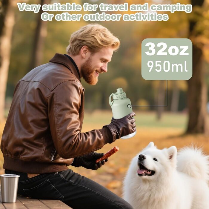 Турбопенал для собак на 950 мл – ізольована сталева фляга для води та миска для їжі, портативна фляга для собак без BPA, для подорожей, прогулянок та активного відпочинку (зелений колір, L)