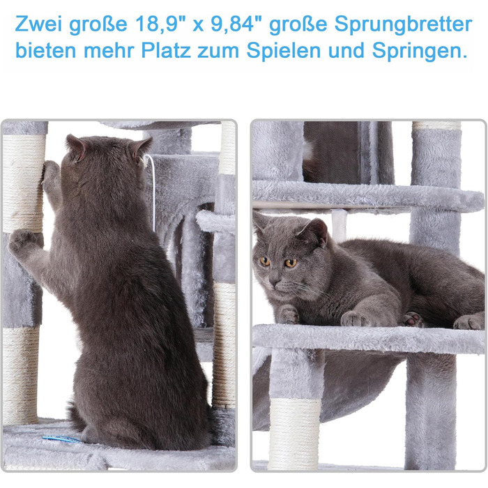 Великий котячий будиночок Hey-brother Kratzbaum XXL, 180 см, сірий. Стабільний котячий комплекс з сизалевим мотузком, великою дряпалкою, корзиною, 3 платформами та 2 будиночками. EMPJ034W