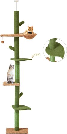 Високий котячий дряпак EROMMY КАКТУС 230-268см, регульований, з гамаком, 5 ярусів, сизаль, платформи-листки, підвісні кульки, тедді для котів