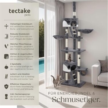 Tectake Котячий дряпка XXL, регульований 243-260 см, з драбинкою, будиночком, тунелем, лежанкою та сизалевими стовпами, сірий/білий