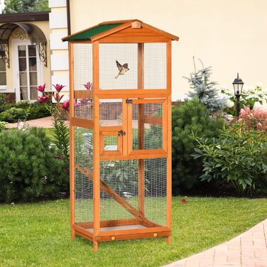 Вулична клітка для птахів PawHut 68x63x165 см, з ялинового дерева, 2 двері, знімний піддон, натуральний асфальтовий дах