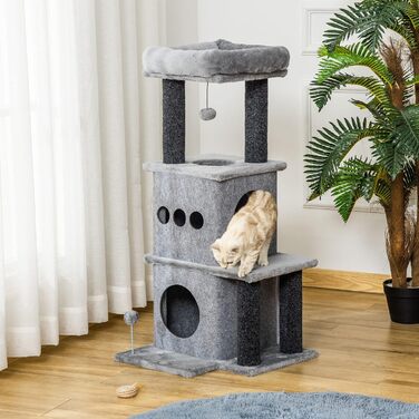 Дряпка для котів PawHut Cosy Chic, багатофункціональний ігровий комплекс з будиночком, платформами, лежаком і ігровим м'ячем, знімний та миючий фетровий плед, плита ДСП, плюш, 48x48x100 см, сірий