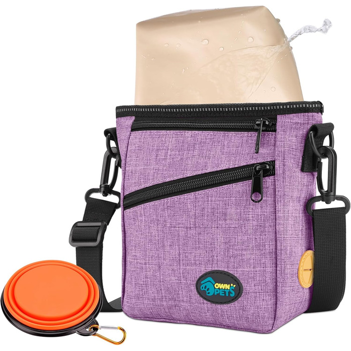 Сумка для ласощів Ownpets для собак, навчальна сумка, сумка для печива, мішок для відходів, складаний миска, регульований ремінь, поясний ремінь та кліп, (фіолетовий)