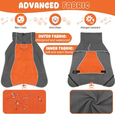 Водонепроникна куртка для собак, світловідбиваюча, вітрозахисна, тепла зимова куртка з м'яким флісовим підкладкою для собак маленьких та великих порід, для активного відпочинку, кемпінгу та походів у холодну погоду, розмір M (спина: 50 см), помаранчевий к
