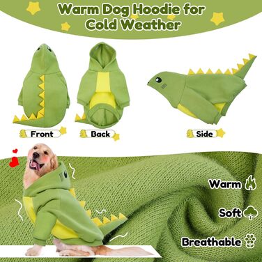 Теплий костюм для собак великих порід, динозавр, фліс, костюм на осінь/зиму, зелений, френч-бульдог, флісовий капюшон