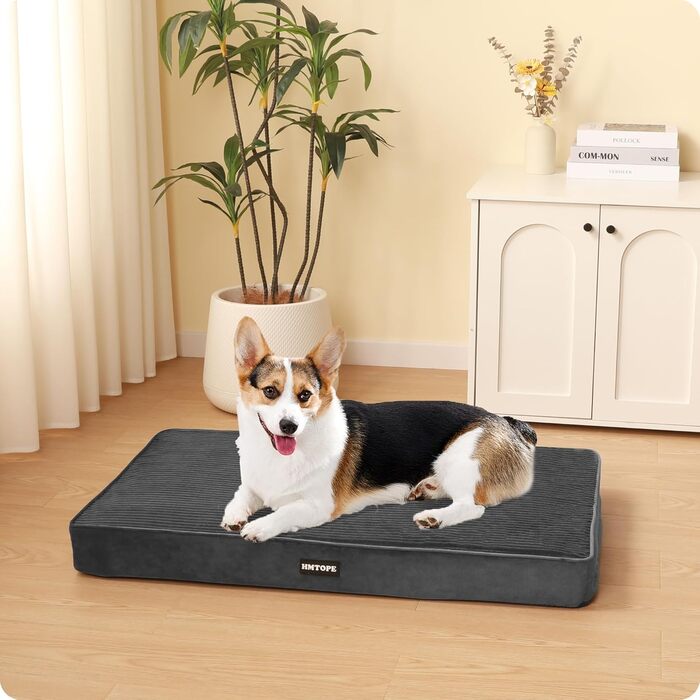 Ортопедичне ліжко для собак HMTOPE, 9 см товщина, для середніх собак, знімний та пральний килимок, неслизьке дно, водонепроникне внутрішнє покриття, 91 см, темно-сірий, розмір 91 x 56 x 9 см