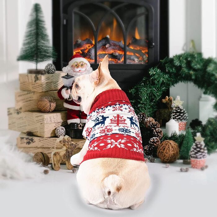 Пуловер для собак на Новий рік, теплий в'язаний пуловер з візерунком (сніжинка-олень), розмір L